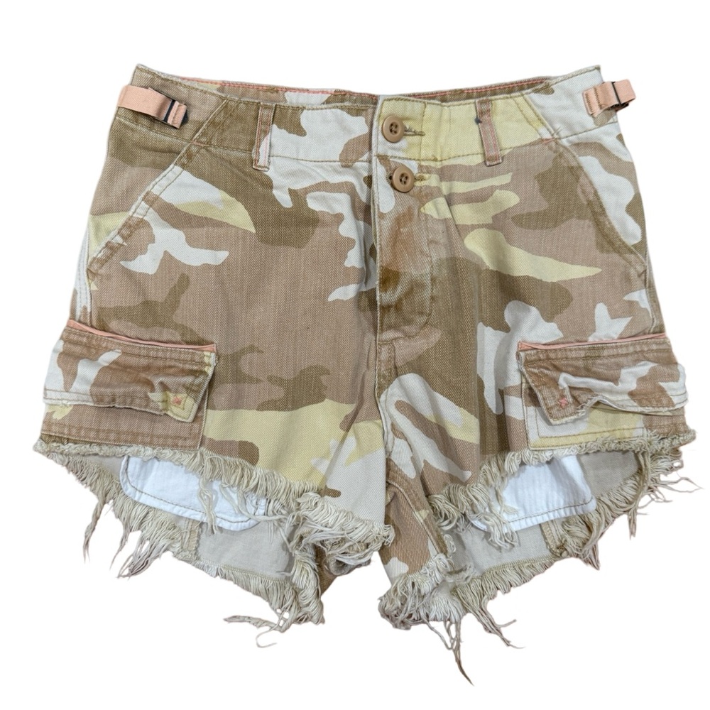 Free People We the Free Commander Cut Off Tan Camo Khaki Denim Jean Short